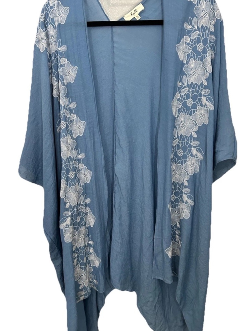 Light Blue Embroidered Open-Front Kimono Duster